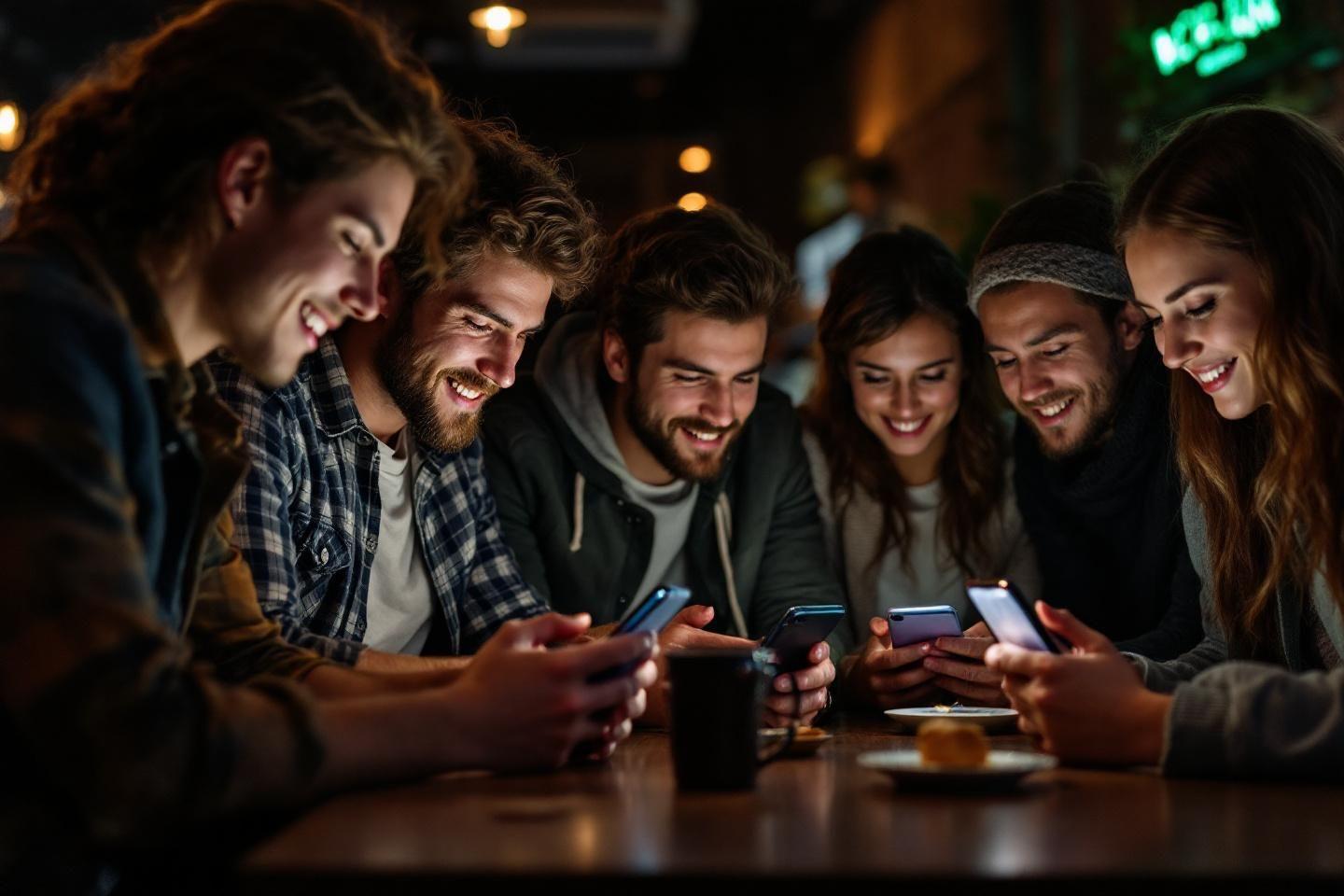 Groupe de jeunes rieurs ensemble, regardant leurs smartphones