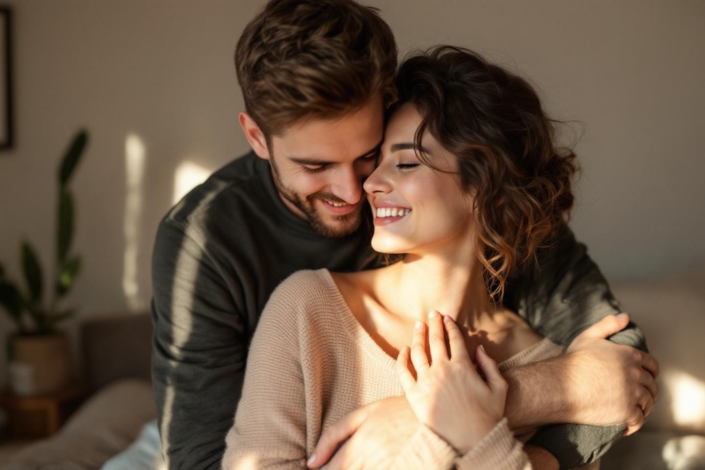 Couple amoureux enlac&eacute;, souriant dans la lumi&egrave;re douce