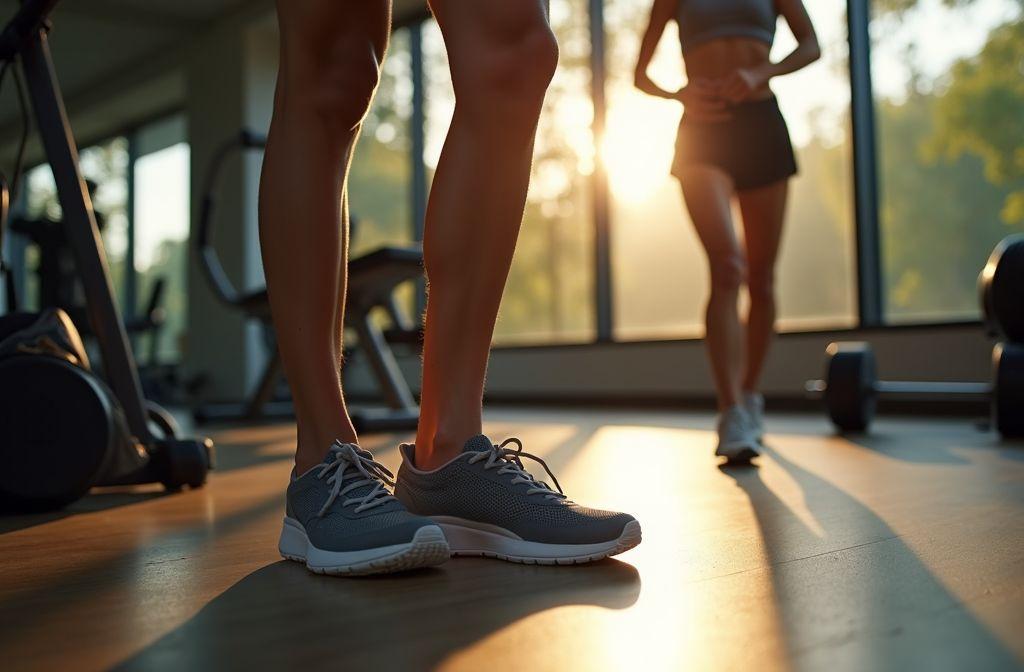 Jambes de sportifs dans une salle de fitness au lever du soleil