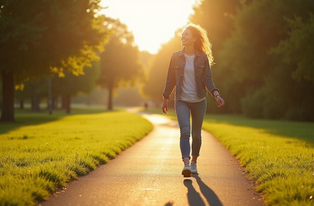 Femme marchant sur un sentier verdoyant au coucher du soleil