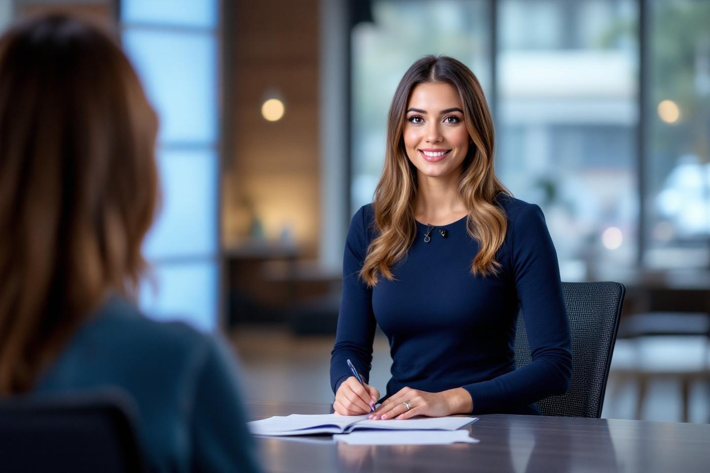 Employée de bureau souriante assise à une table avec un document