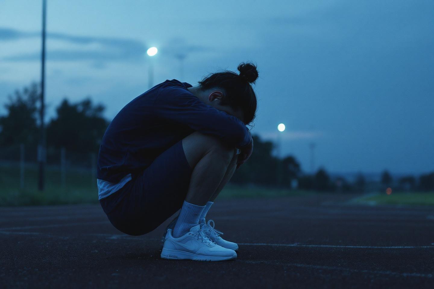 Personne recroquevillée sur un terrain la nuit