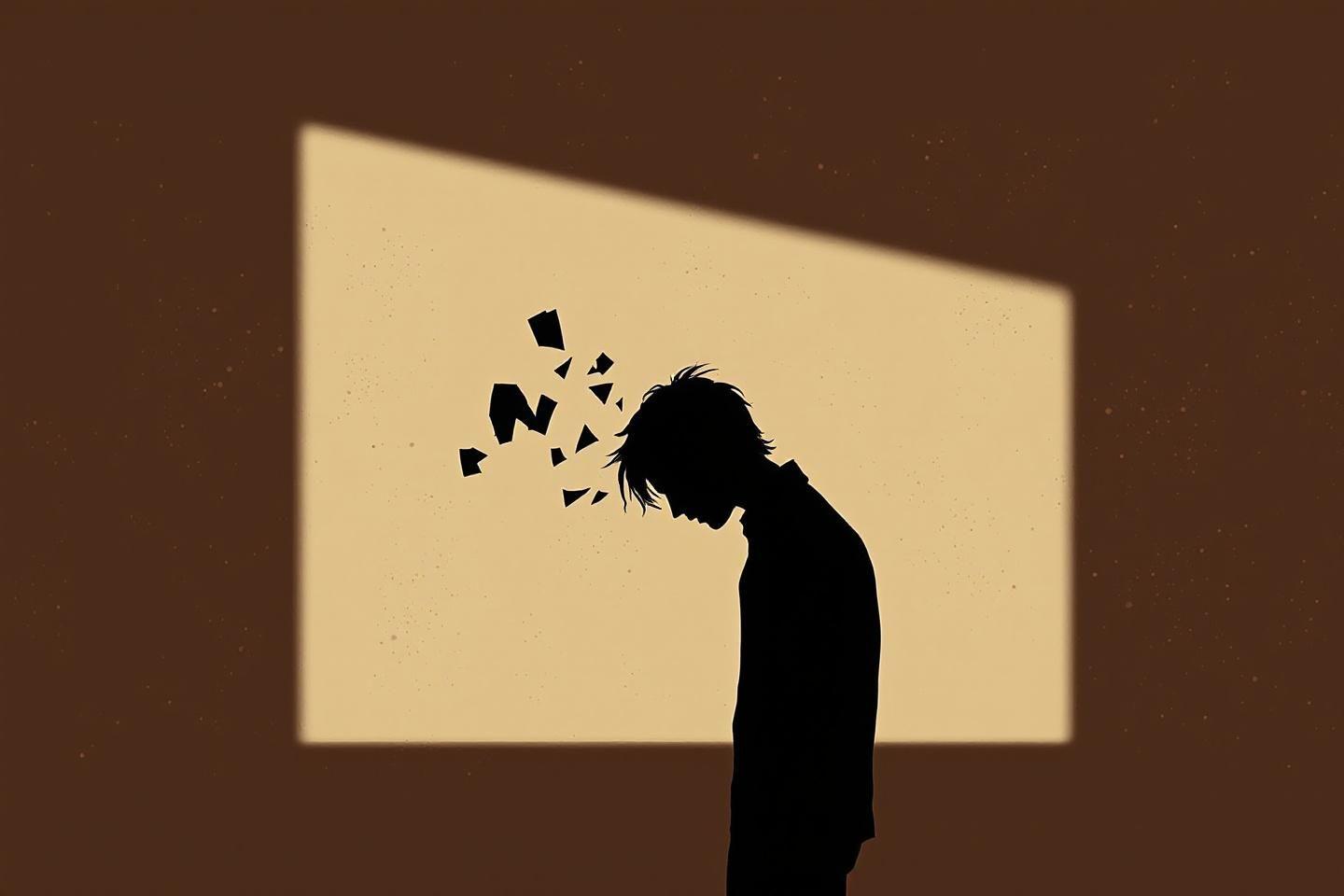 Silhouette sombre avec tête se désagrégeant en fragments