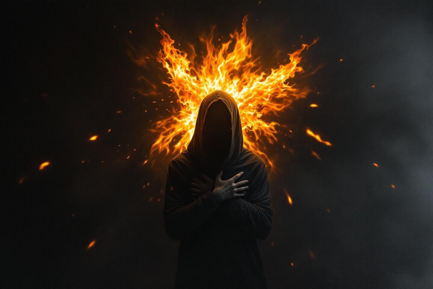 Silhouette encapuchonnée avec explosion de feu ardent