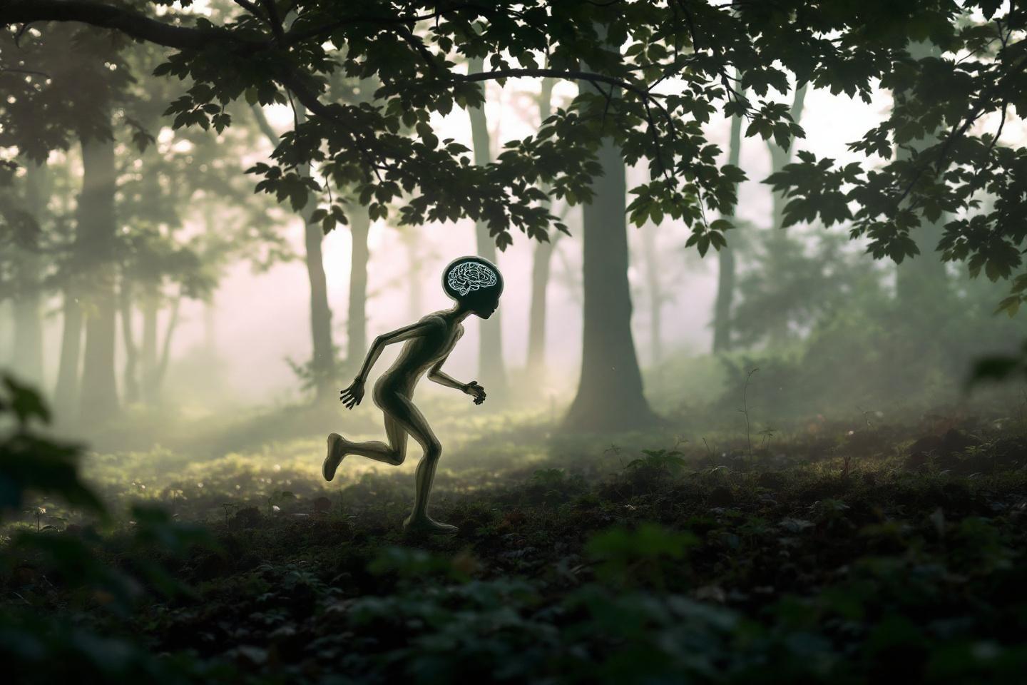 Silhouette avec cerveau courrant dans une forêt mystérieuse
