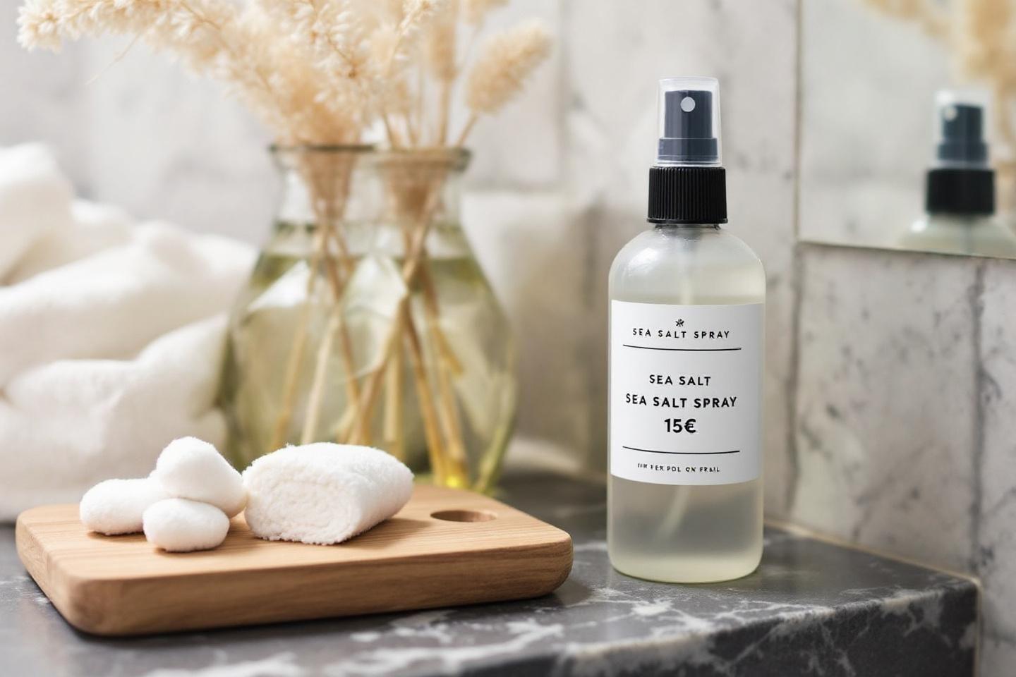 Bouteille de spray aux sels marins sur surface en marbre