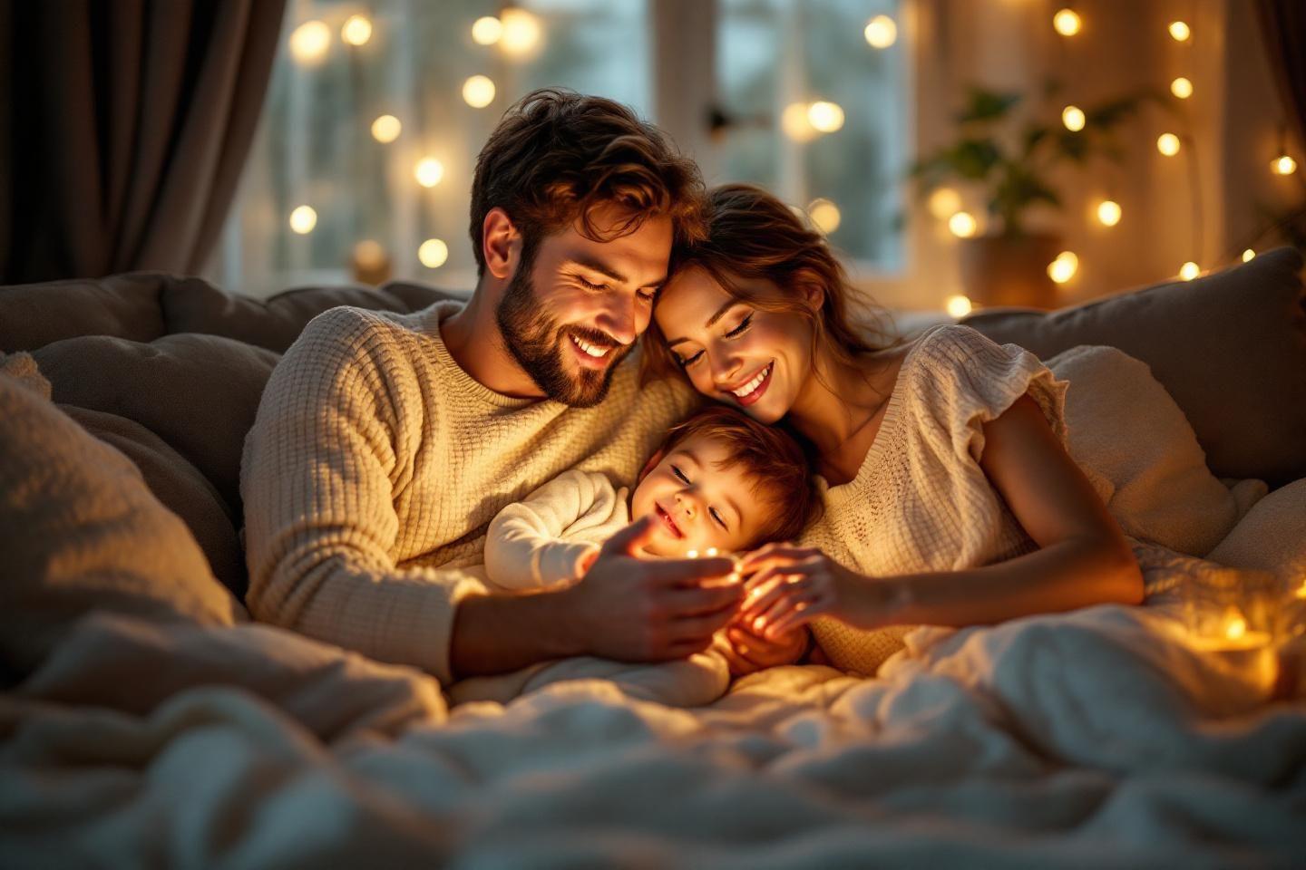 Parents et enfant enlac&eacute;s, lumi&egrave;res douces, ambiance cozy