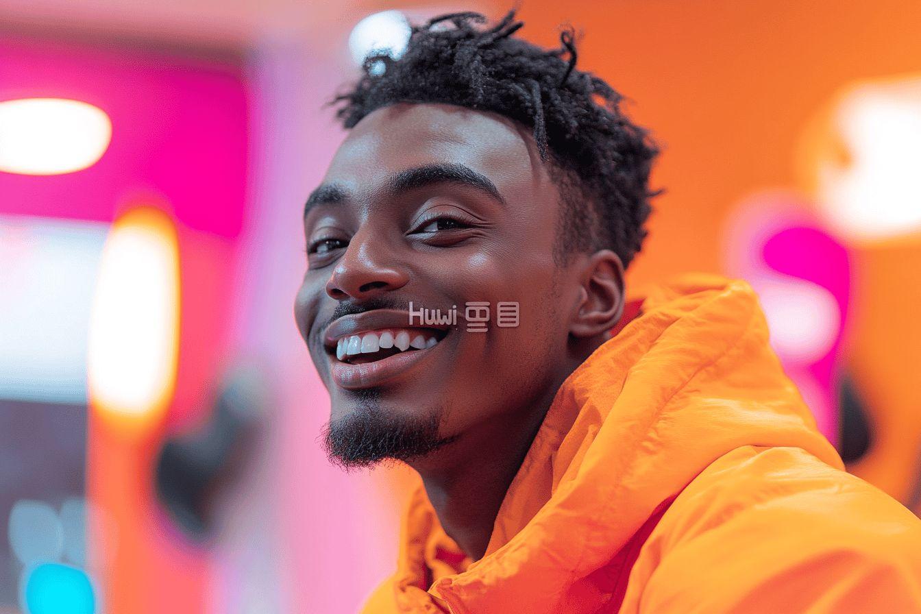 Jeune homme souriant, sweat orange, fond coloré vibrant