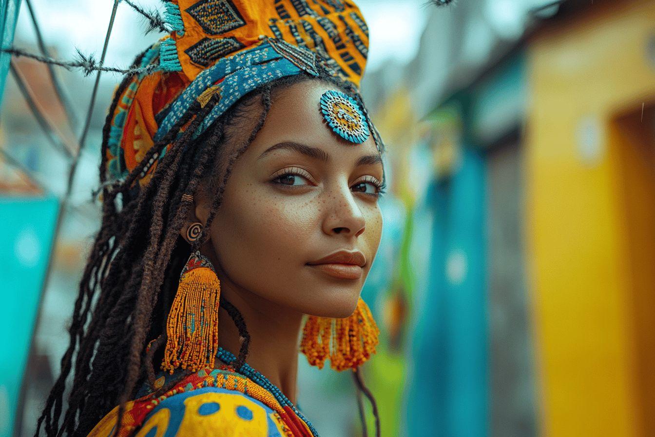 Femme avec parure ethnique et bijoux orange bleu