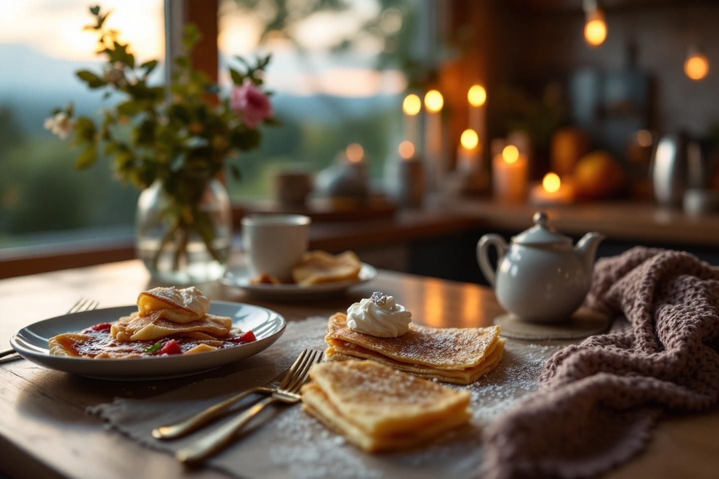 Crêpes délicates avec crème, bougies et vue montagneuse