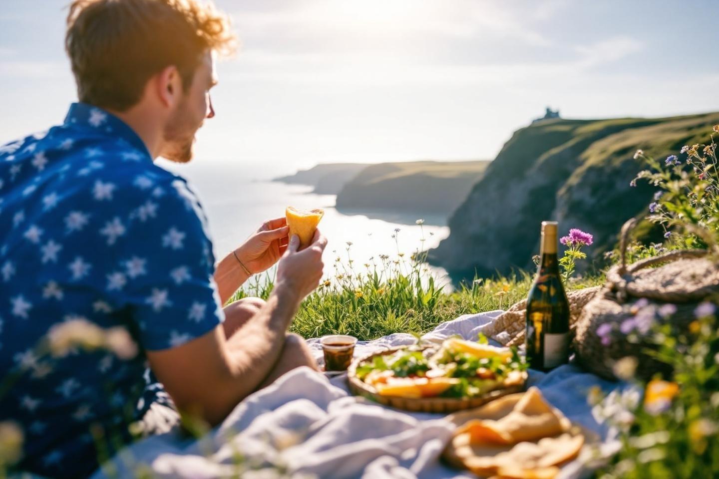 Vue sur mer, repas et verres avec panorama rocheux