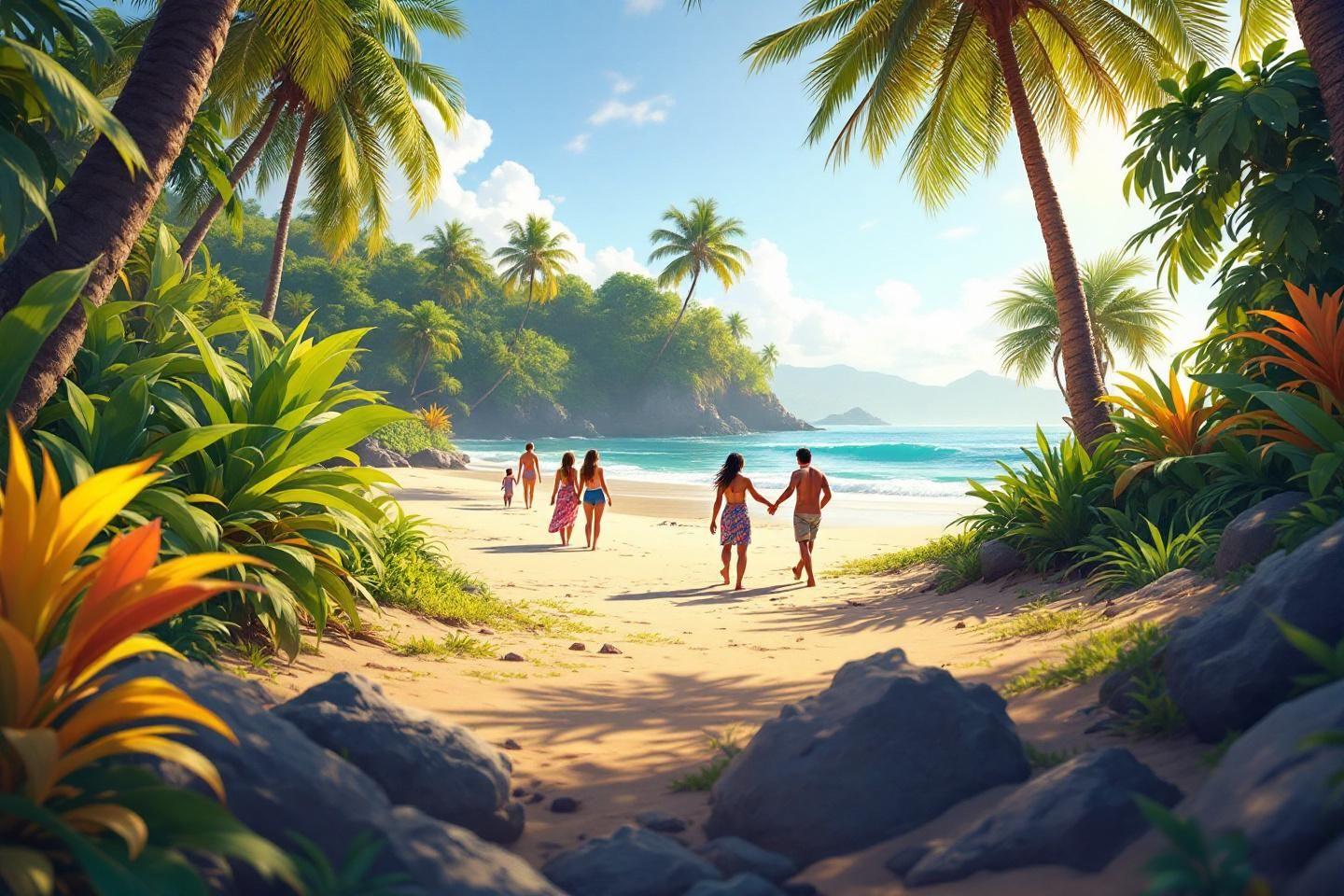 Plage sablonneuse, palmiers, océan turquoise et personnes marchant