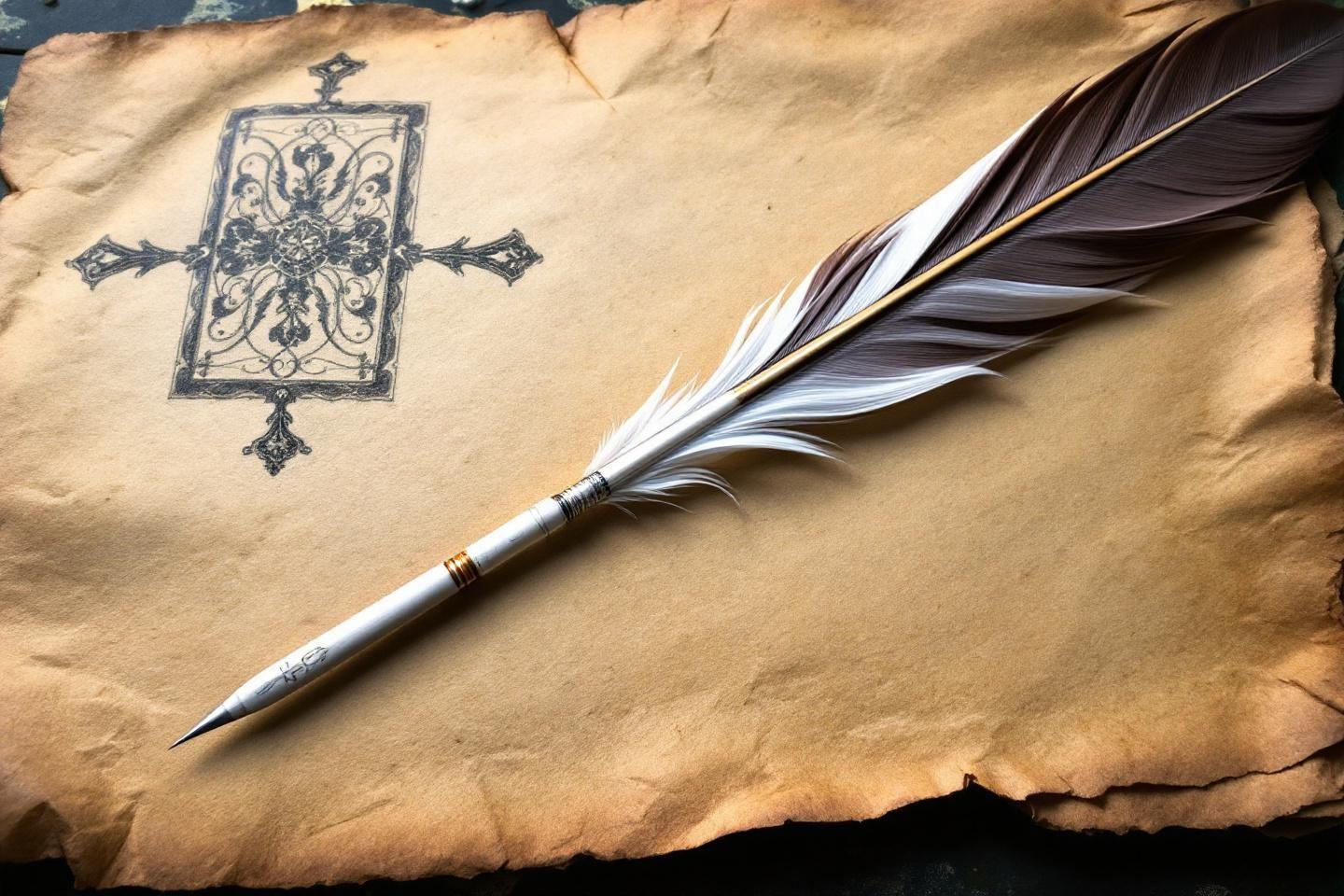 Plume d'oiseau sur un vieux parchemin avec dessin ornemental