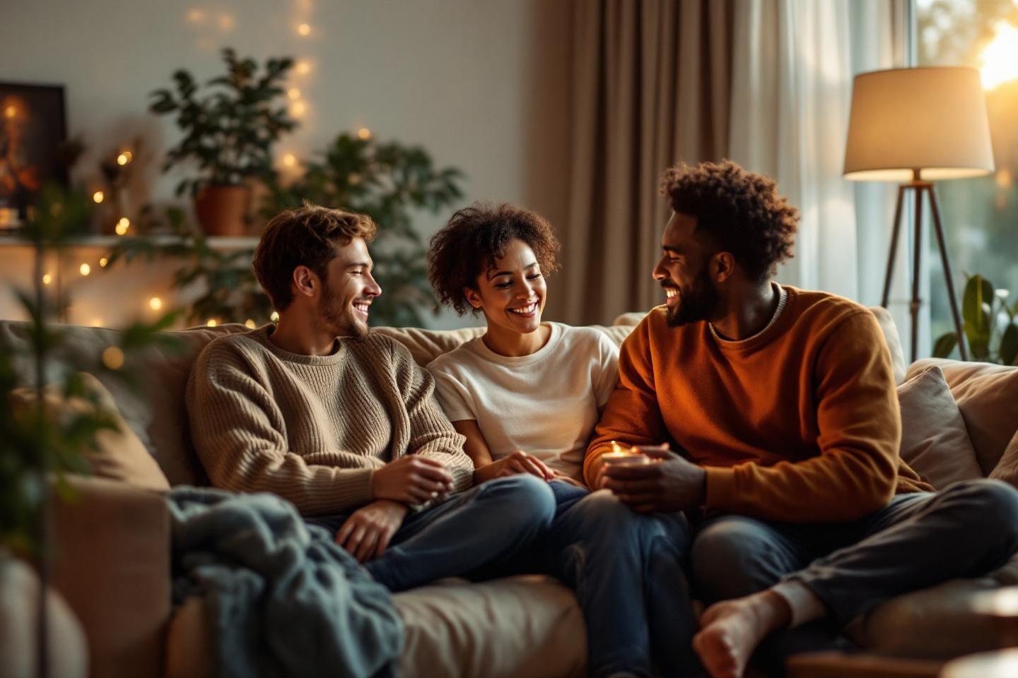 Trois amis sourient ensemble dans un salon chaleureux
