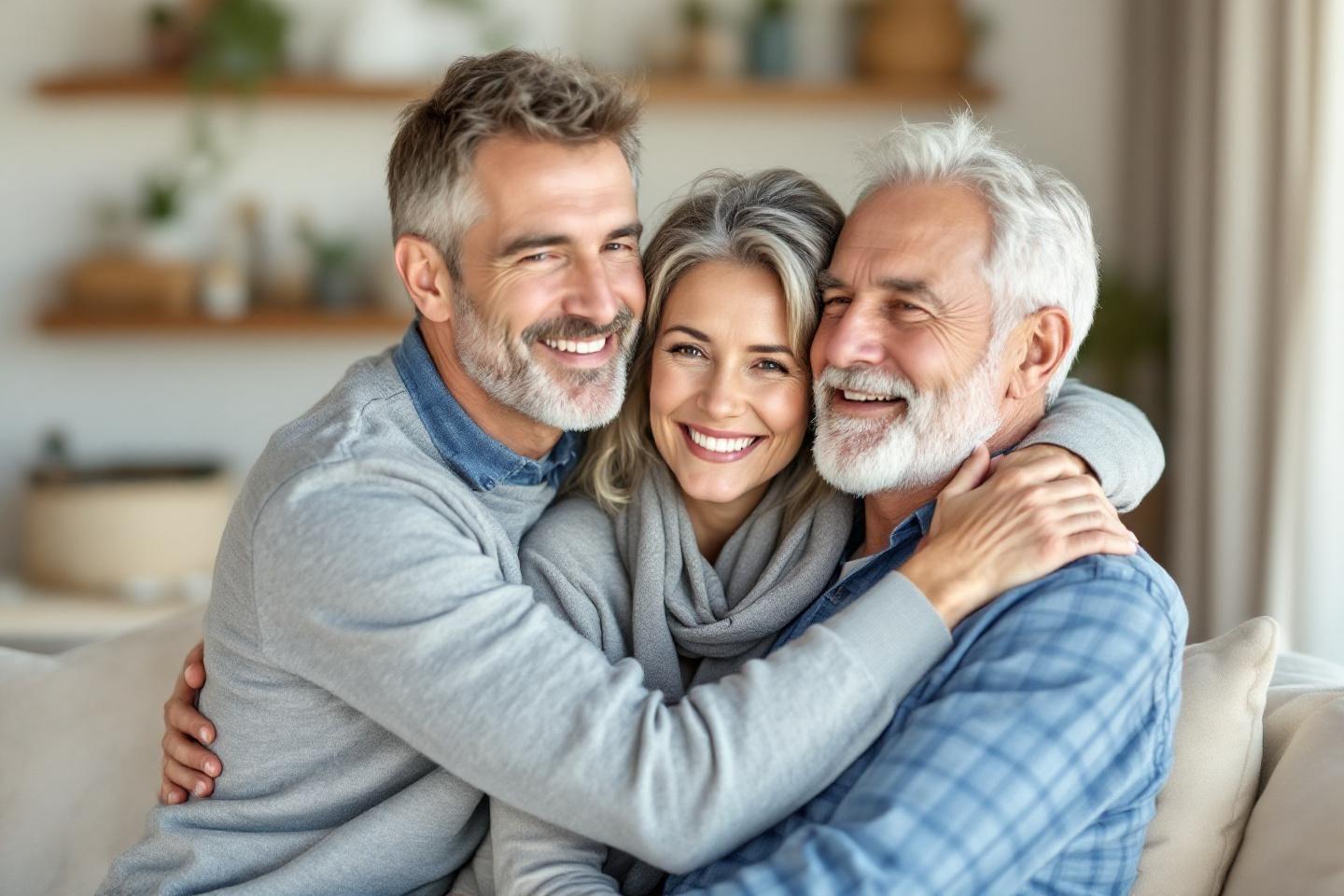 Trois générations souriantes enlacées dans un intérieur confortable