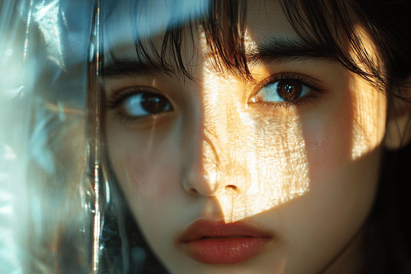 Visage avec ombres lumineuses et reflets sur surface vitr&eacute;e