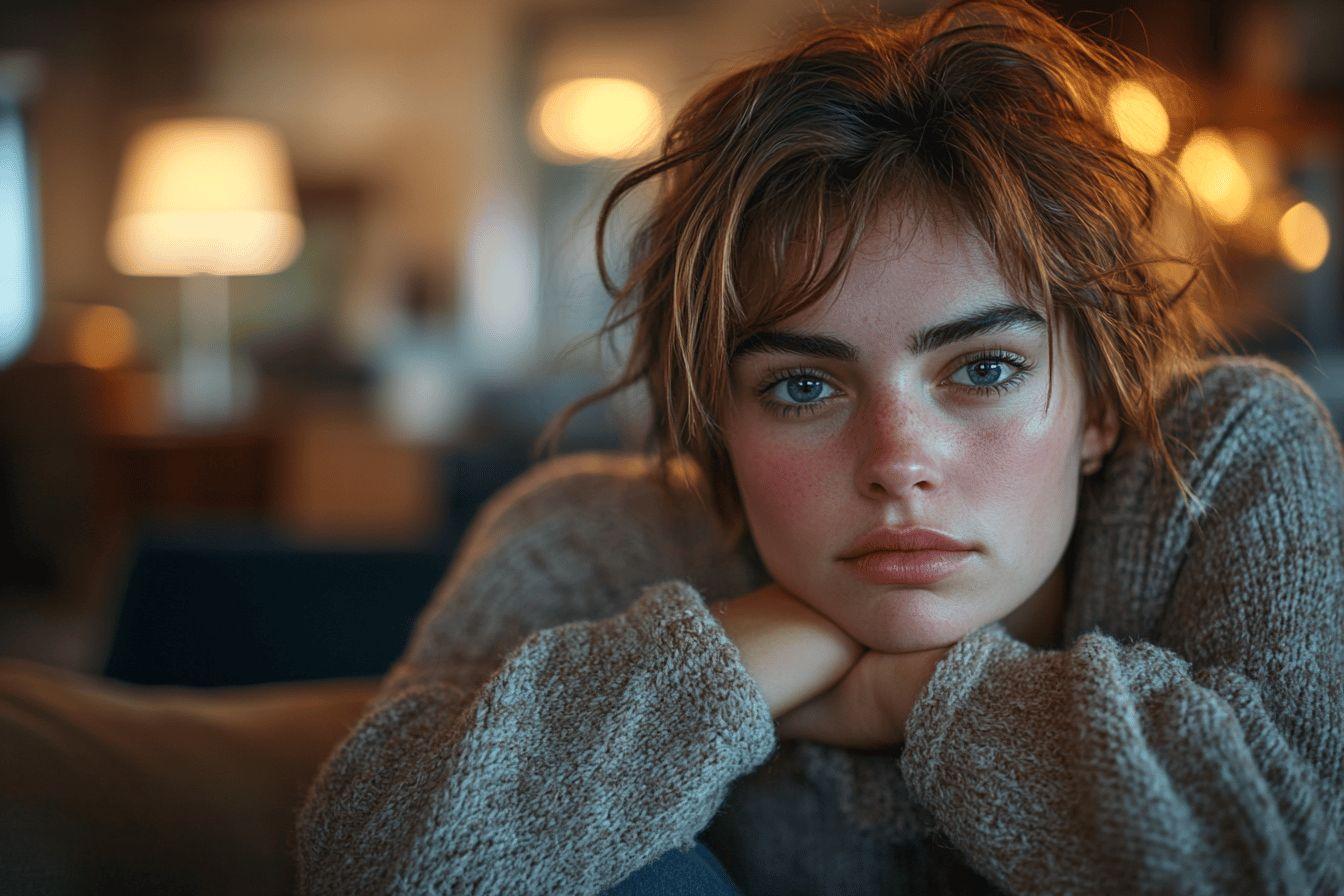 Jeune femme pensive dans un pull gris, lumi&egrave;re douce