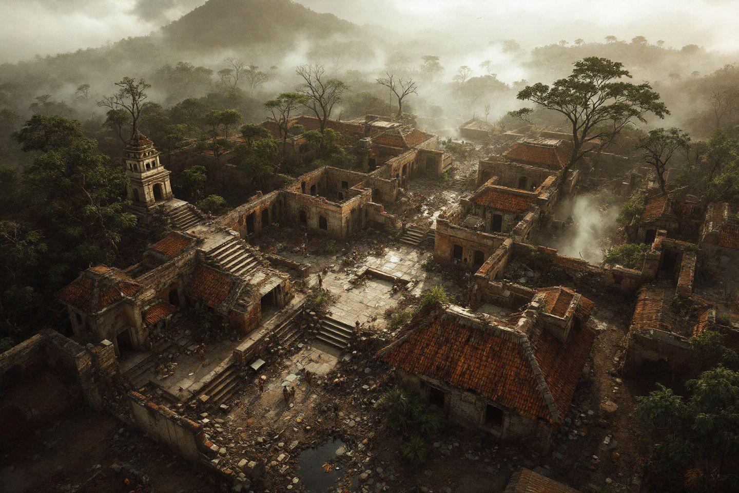 Ruines de bâtiments anciens dans une forêt brumeuse