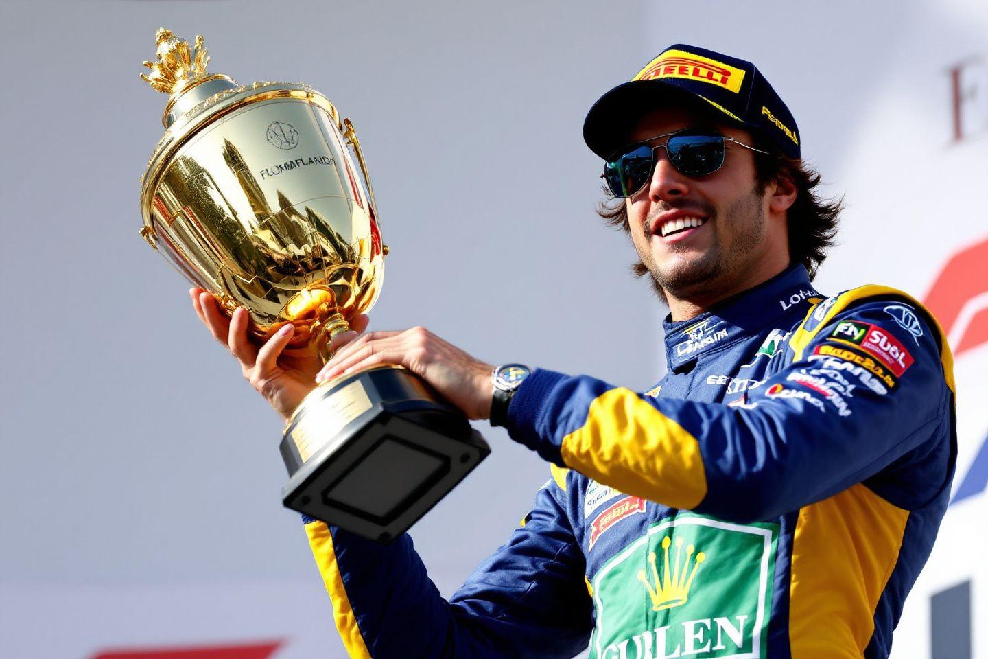 Pilote de course heureux tenant un grand trophée doré