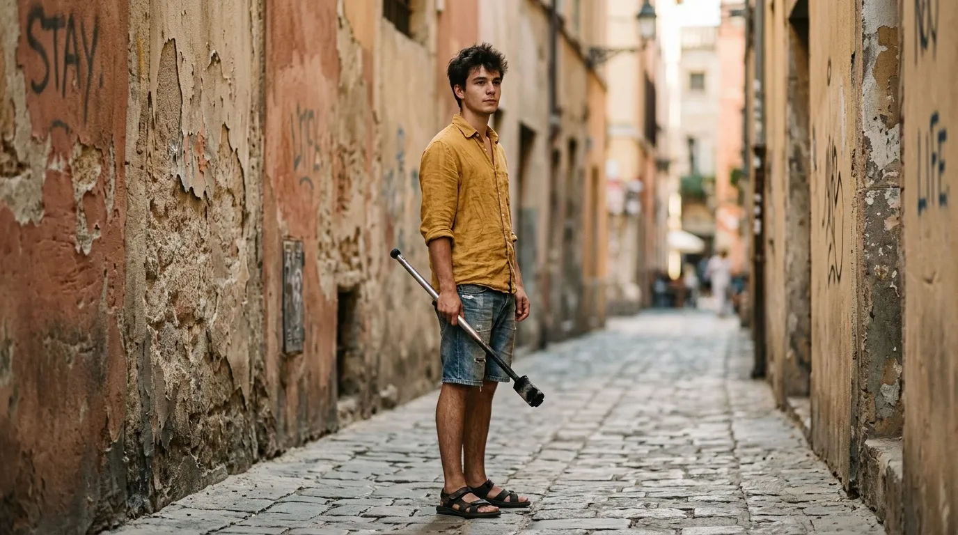 Adolescent en chemise jaune debout dans une vieille ruelle pavée