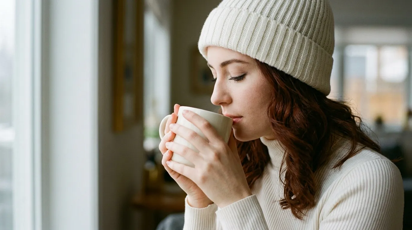 Femme en bonnet blanc boit une tasse de thé chaud