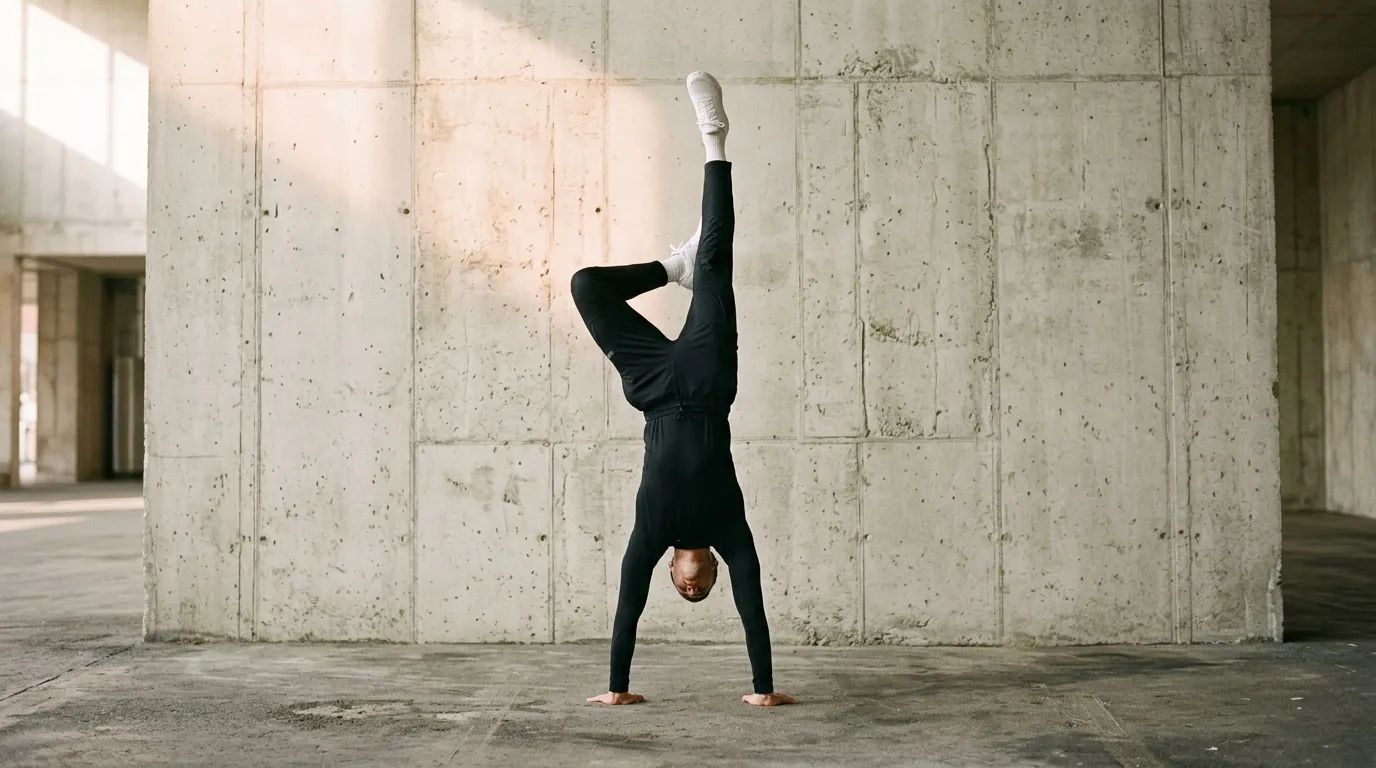 Personne en handstand contre un mur béton gris
