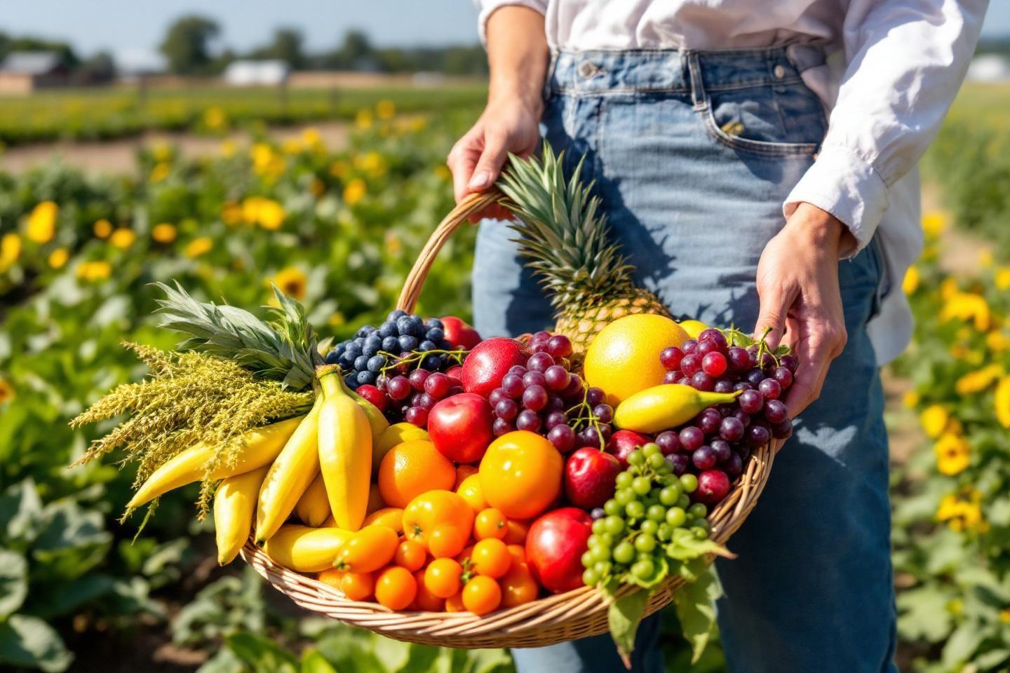 Mains tenant un panier de fruits frais et m&ucirc;rs