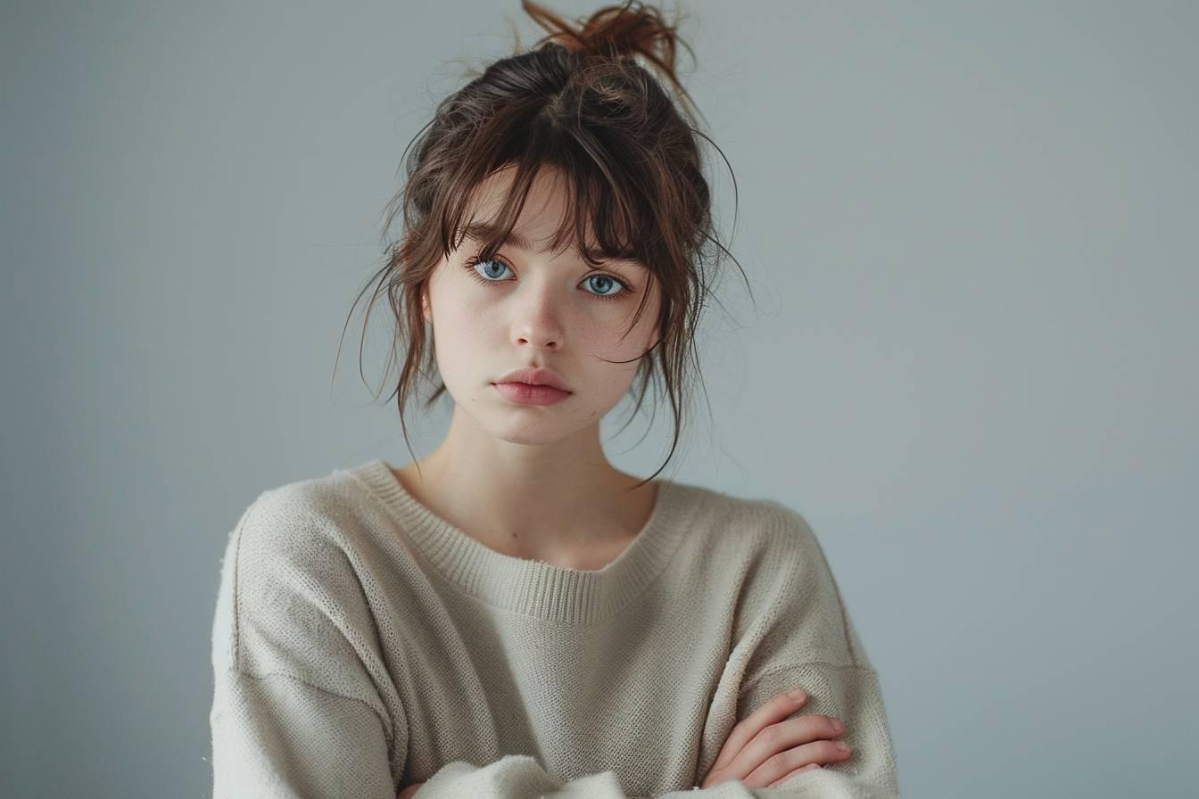 Portrait d'une femme avec des cheveux en d&eacute;sordre et un regard pensif