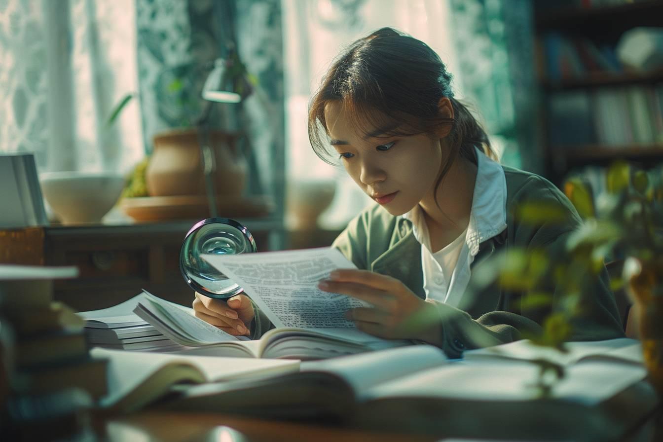 Une jeune femme concentr&eacute;e lit des documents &agrave; l'aide d'une loupe.