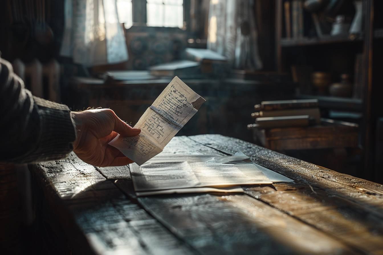 Main tenant une feuille manuscrite dans une pi&egrave;ce sombre et encombr&eacute;e