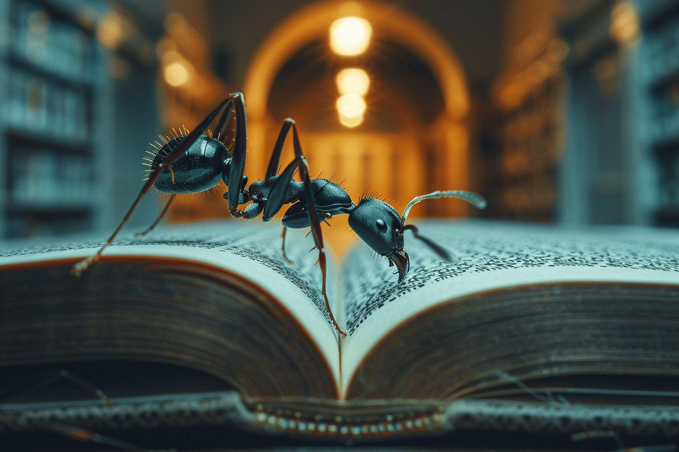 Deux fourmis noires sur les pages d'un livre ouvert avec un arri&egrave;re-plan flou