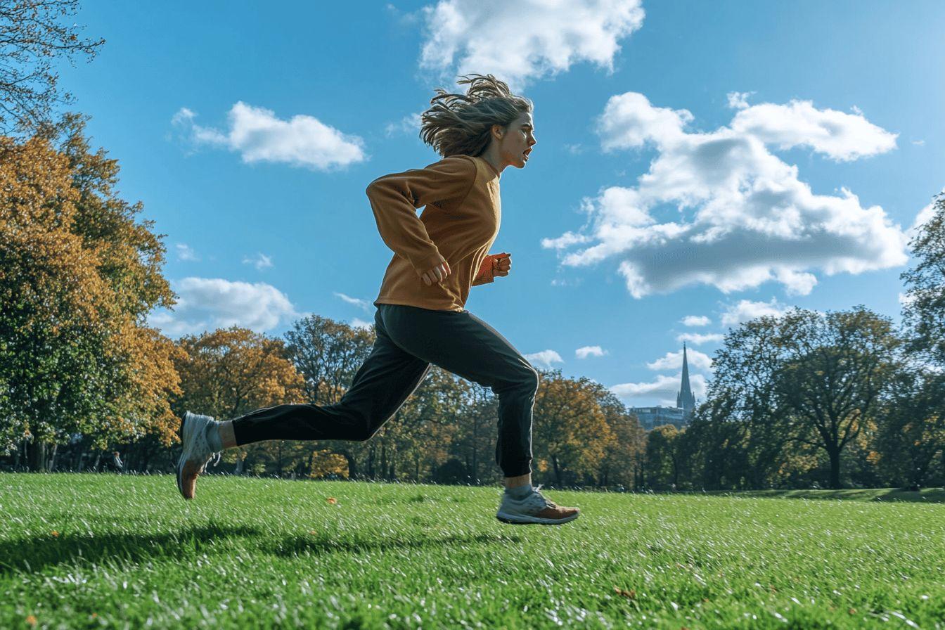 Jogger en mouvement sur une pelouse verdoyante, ciel bleu
