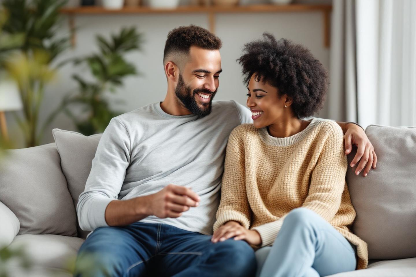 Deux personnes heureuses enlac&eacute;es dans un int&eacute;rieur chaleureux