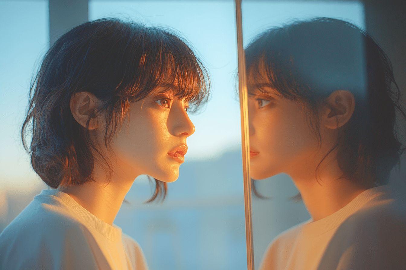 Visage pensif près d'un miroir, lumière dorée