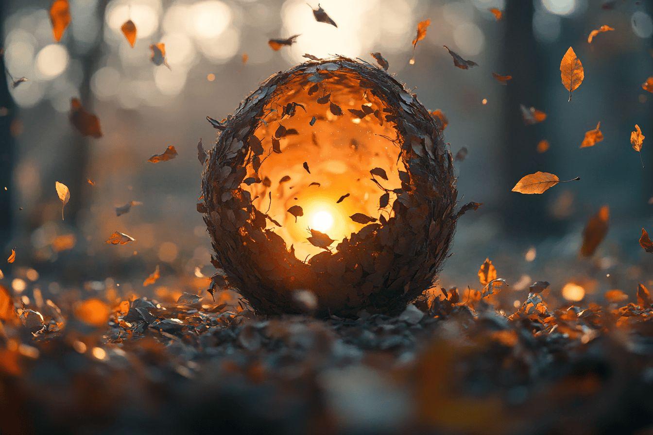 Boule de lumière entourée de feuilles orangées tombantes