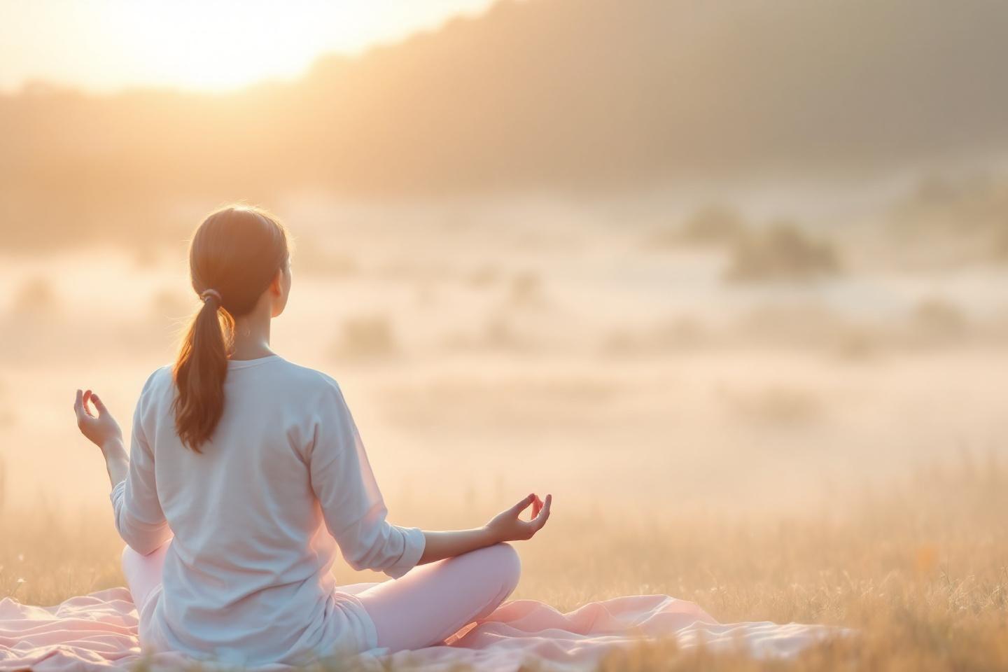 Femme méditant dans un champ brumeux au petit matin