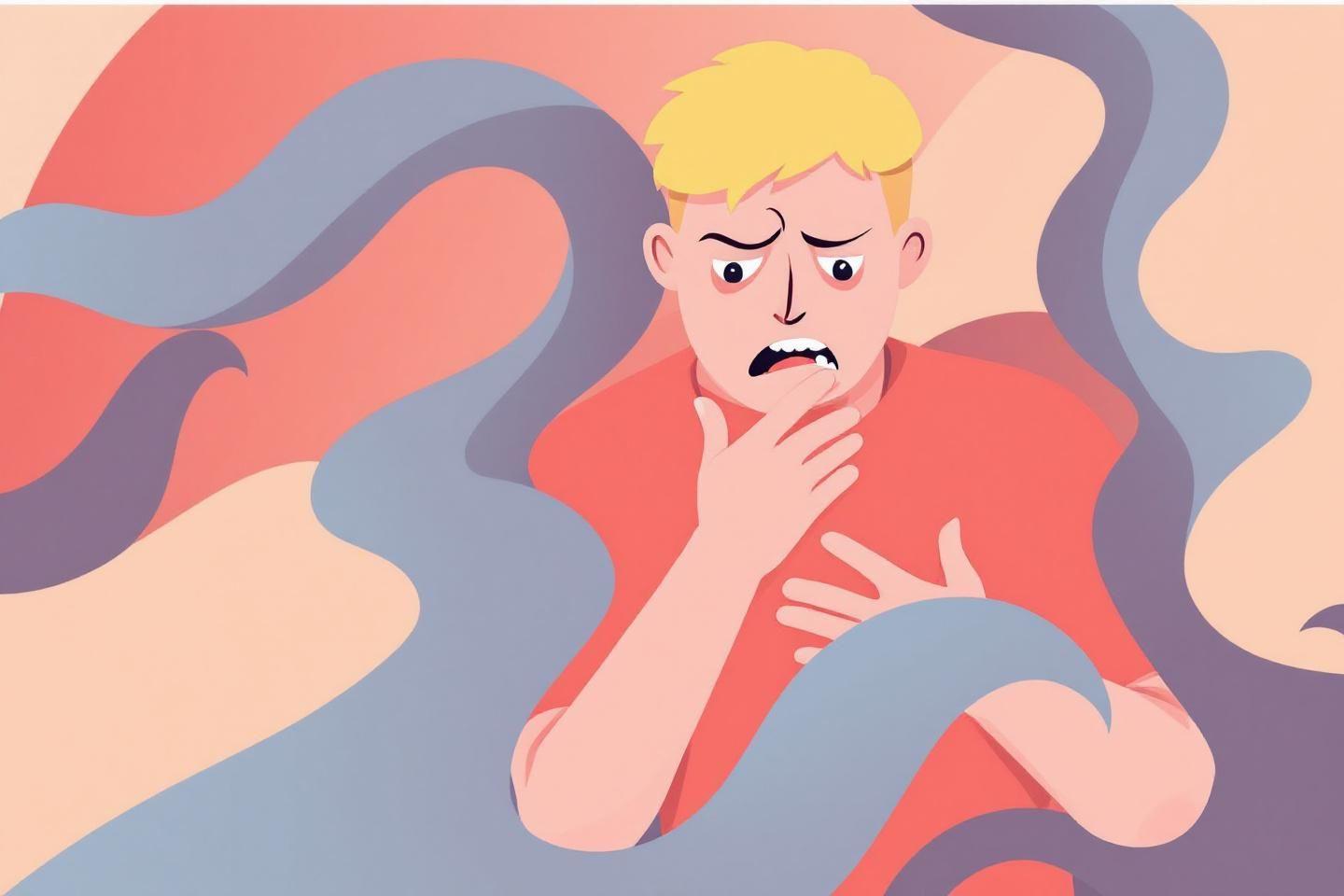 Figure stressée en couleurs, gestes d'angoisse et visage crispé