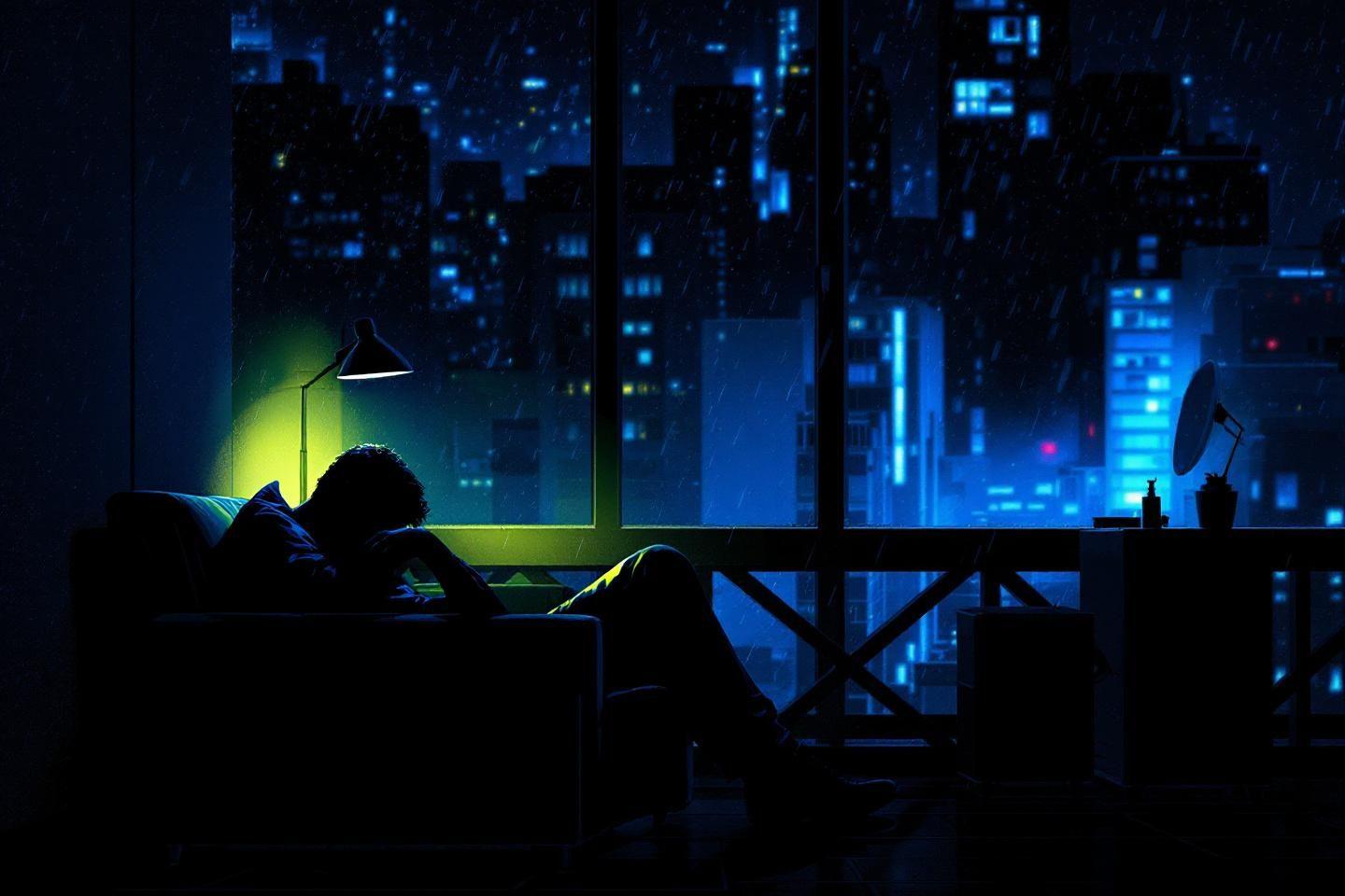 Silhouette solitaire contemplant la skyline urbaine de nuit