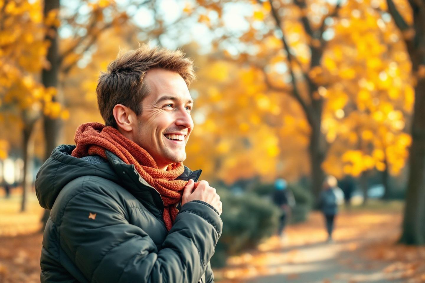 Homme heureux en veste d'hiver, &eacute;charpe orange, feuilles jaunes