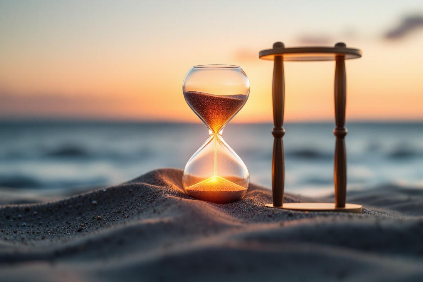 Sablier sur le sable avec un coucher de soleil oc&eacute;anique