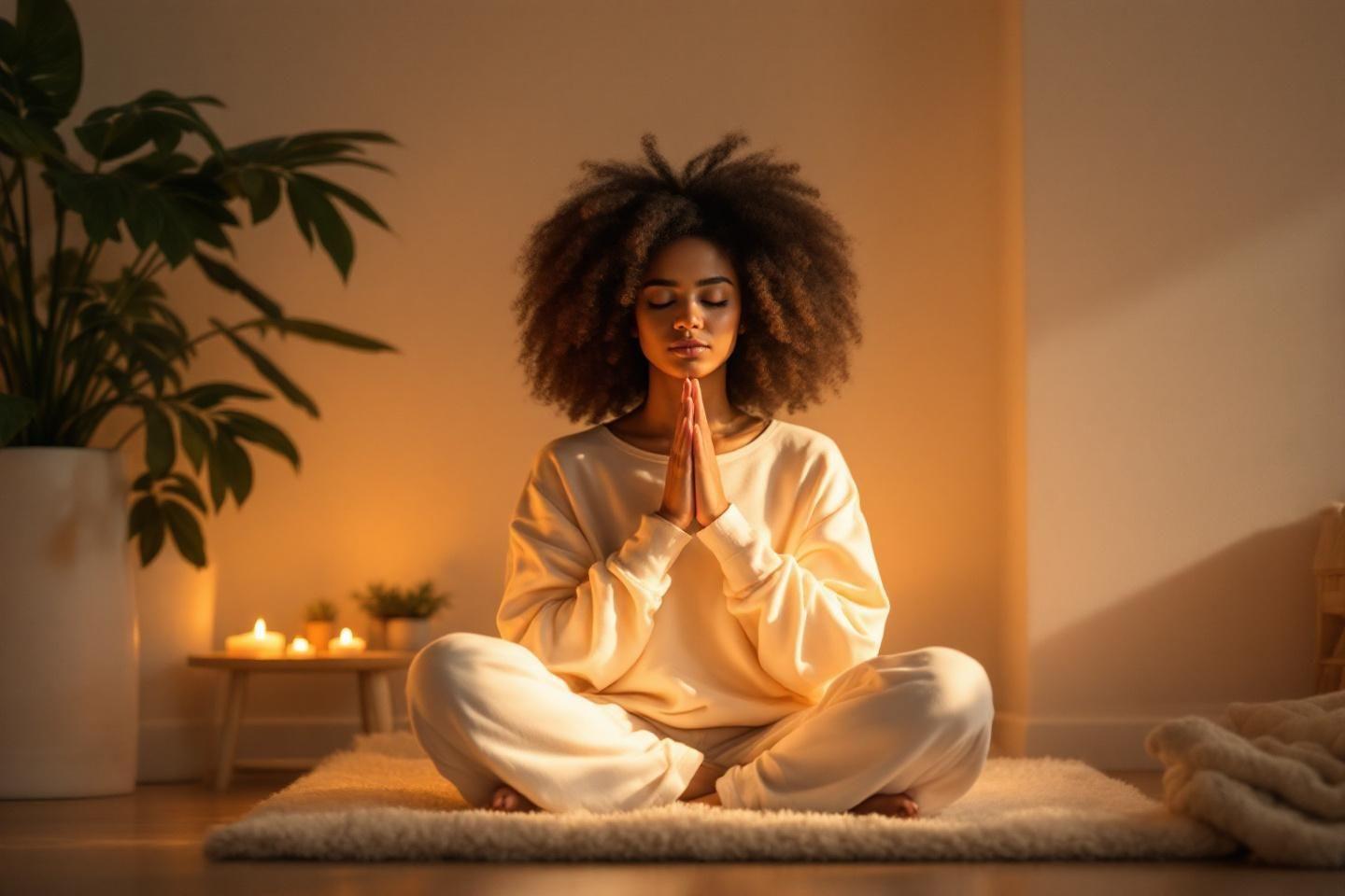 Femme en tenue blanche m&eacute;ditant, bougies et plante en fond