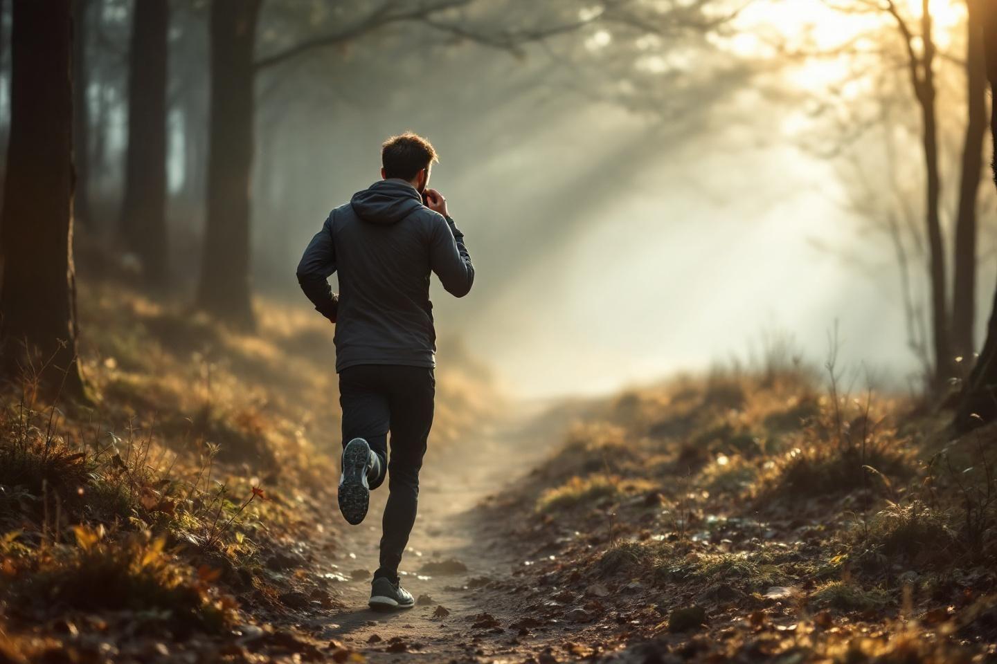 Coureur solitaire sur un sentier forestier à l'aube brumeuse