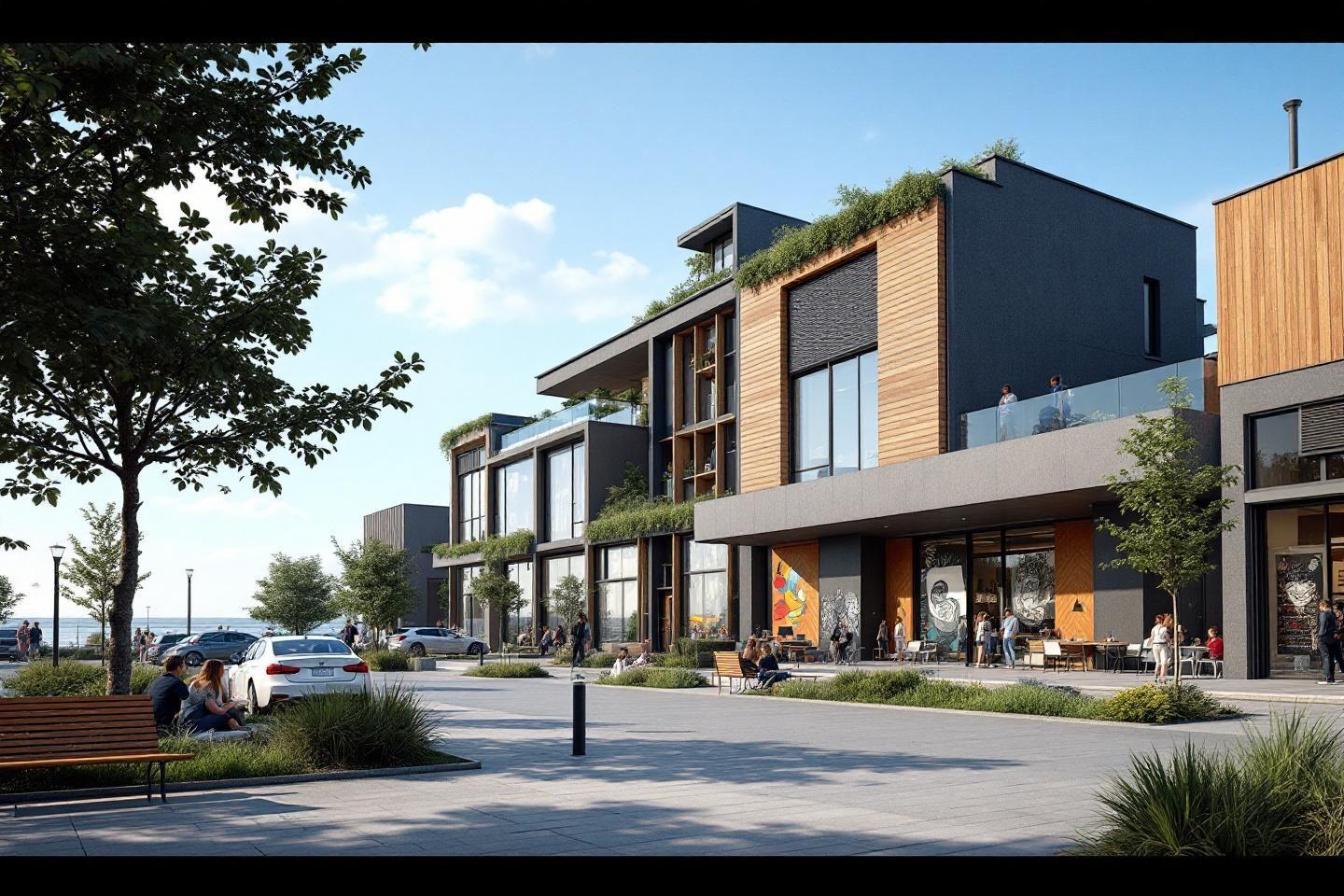 Immeubles contemporains avec commerces et terrasses v&eacute;g&eacute;talis&eacute;es