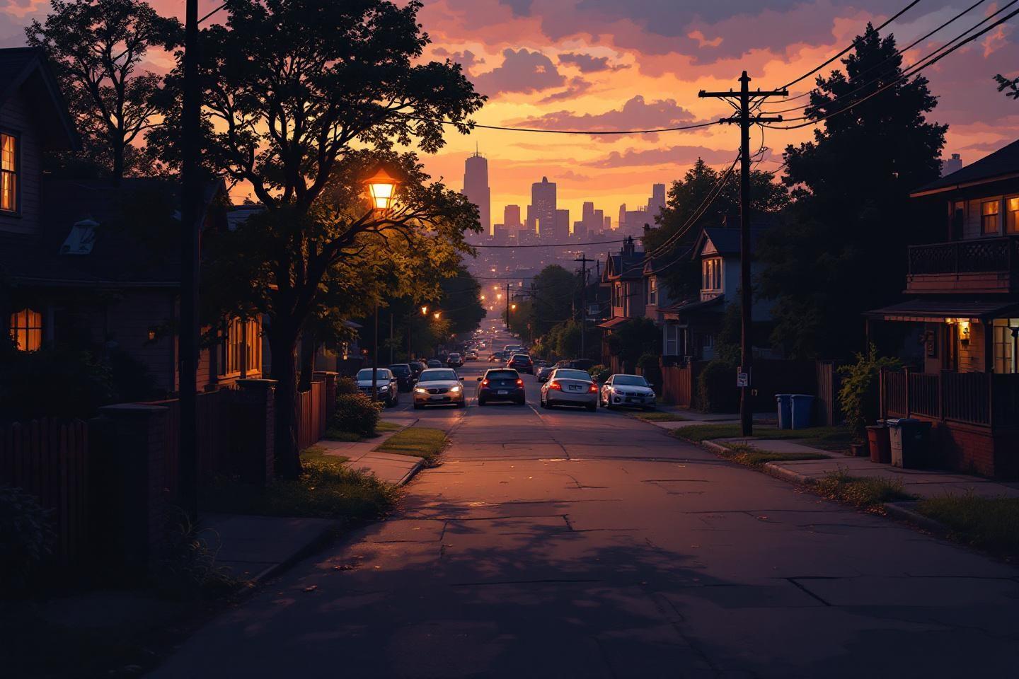 Rue de banlieue avec skyline urbaine au cr&eacute;puscule