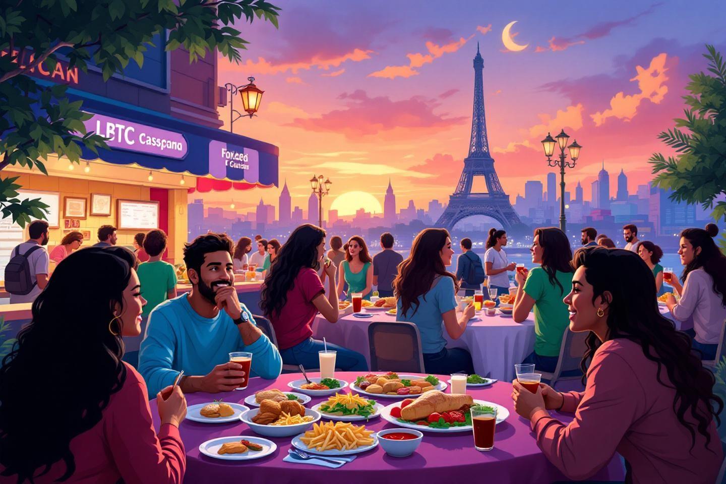 Restaurant en plein air avec vue sur la Tour Eiffel au coucher du soleil
