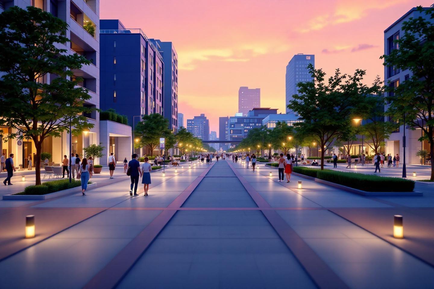 Rue pi&eacute;tonne illumin&eacute;e entre immeubles au coucher de soleil
