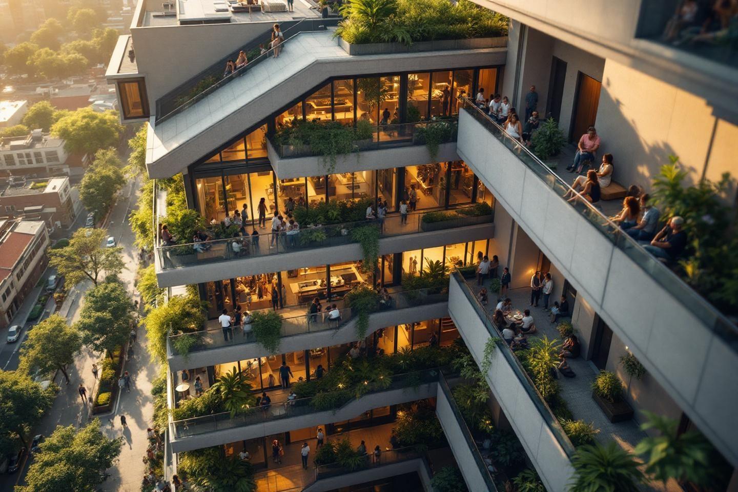 Bâtiment écologique à plusieurs étages avec balcons et plantes vertes