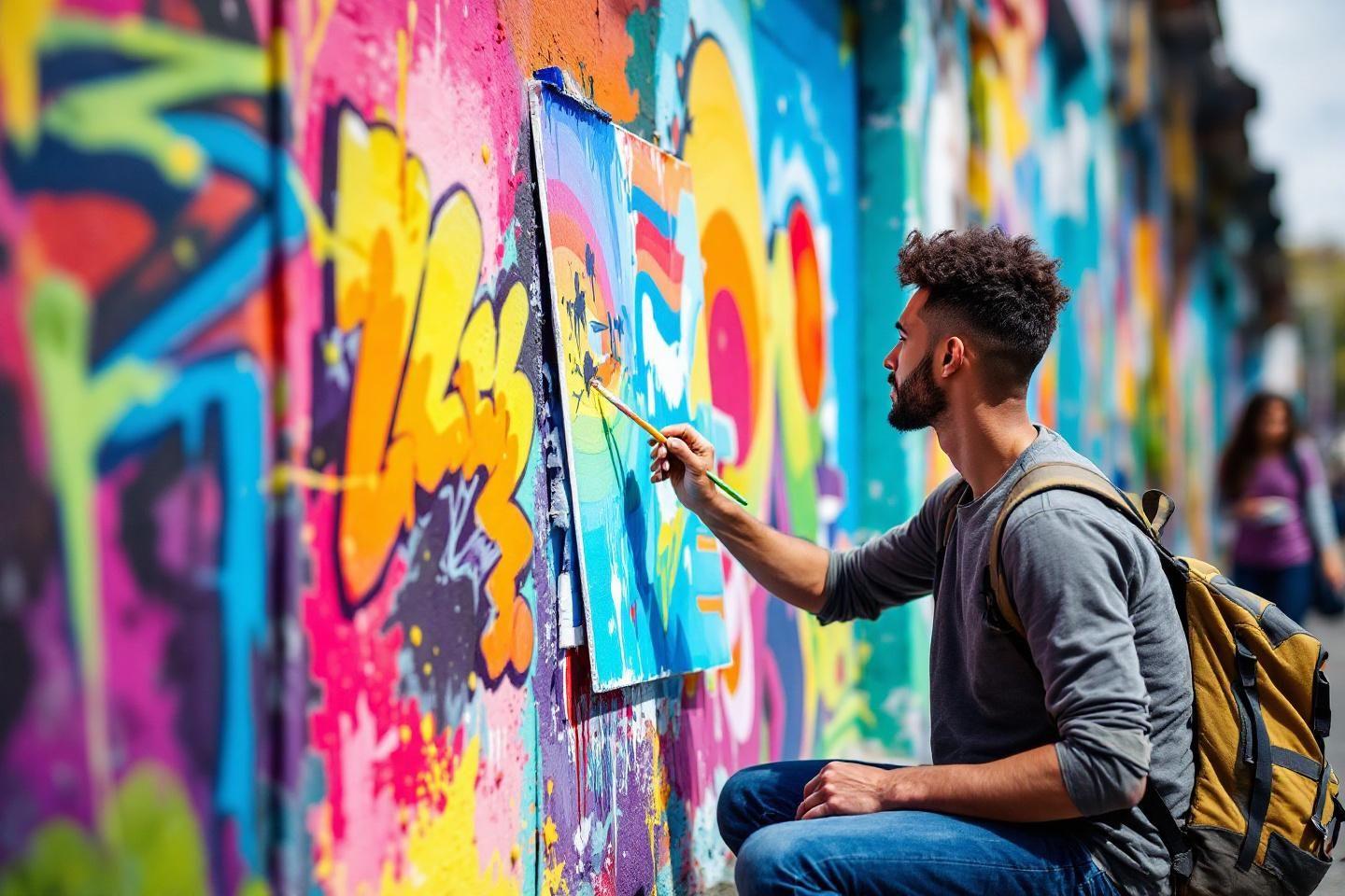 Artiste à côté de mur de graffitis, tenant un pinceau