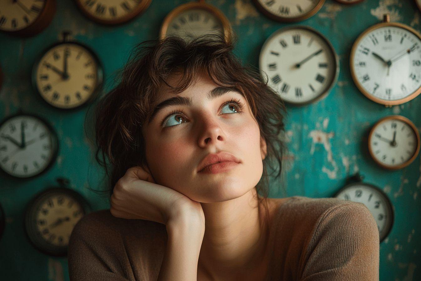 Jeune femme pensive entour&eacute;e de nombreuses horloges vintage