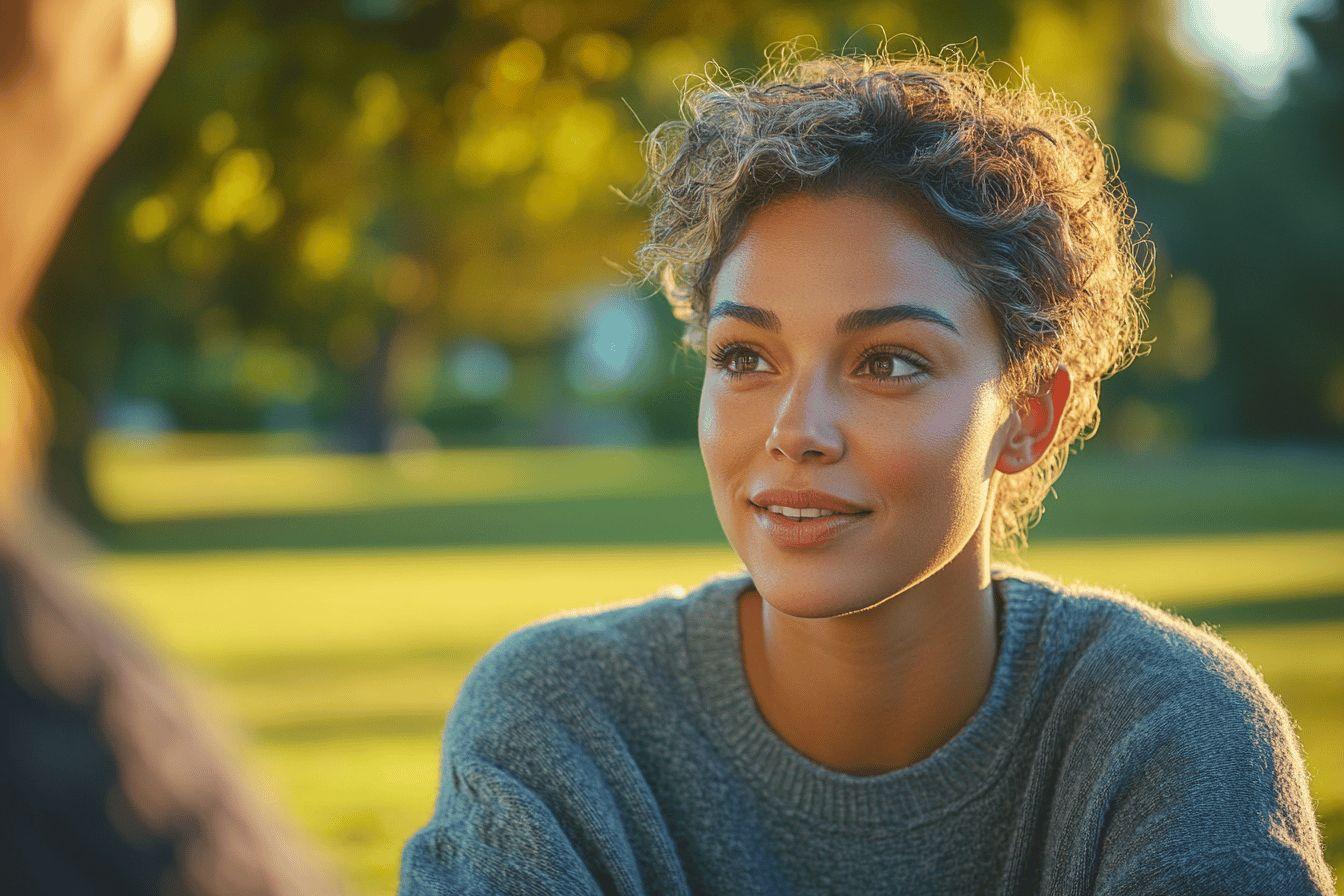 Femme souriante aux cheveux boucl&eacute;s dans un pull gris
